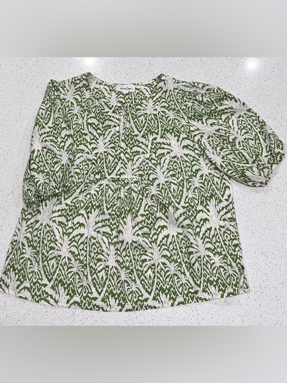 Panama Jack Women's Linen Blend Popover Shirt Tropical Floral, Size L Green/Ecru